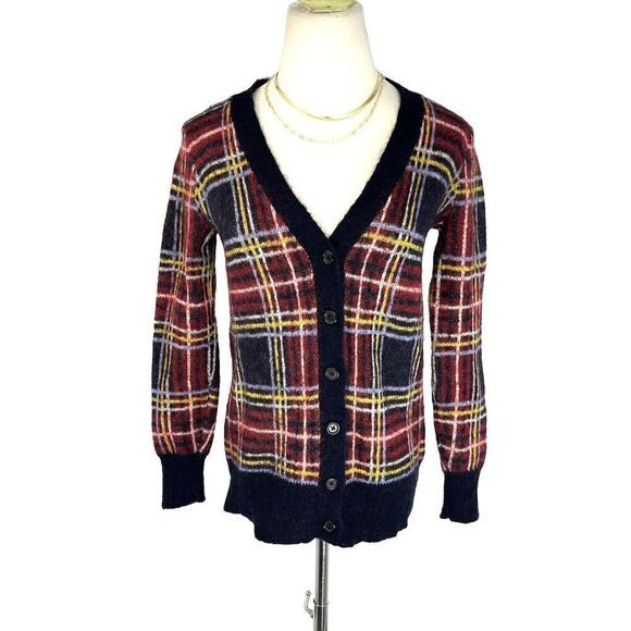 J Crew Womens Cardigan Sweater Small Red Blue Plaid Wool Mohair Pockets Buttons - Picture 3 of 13